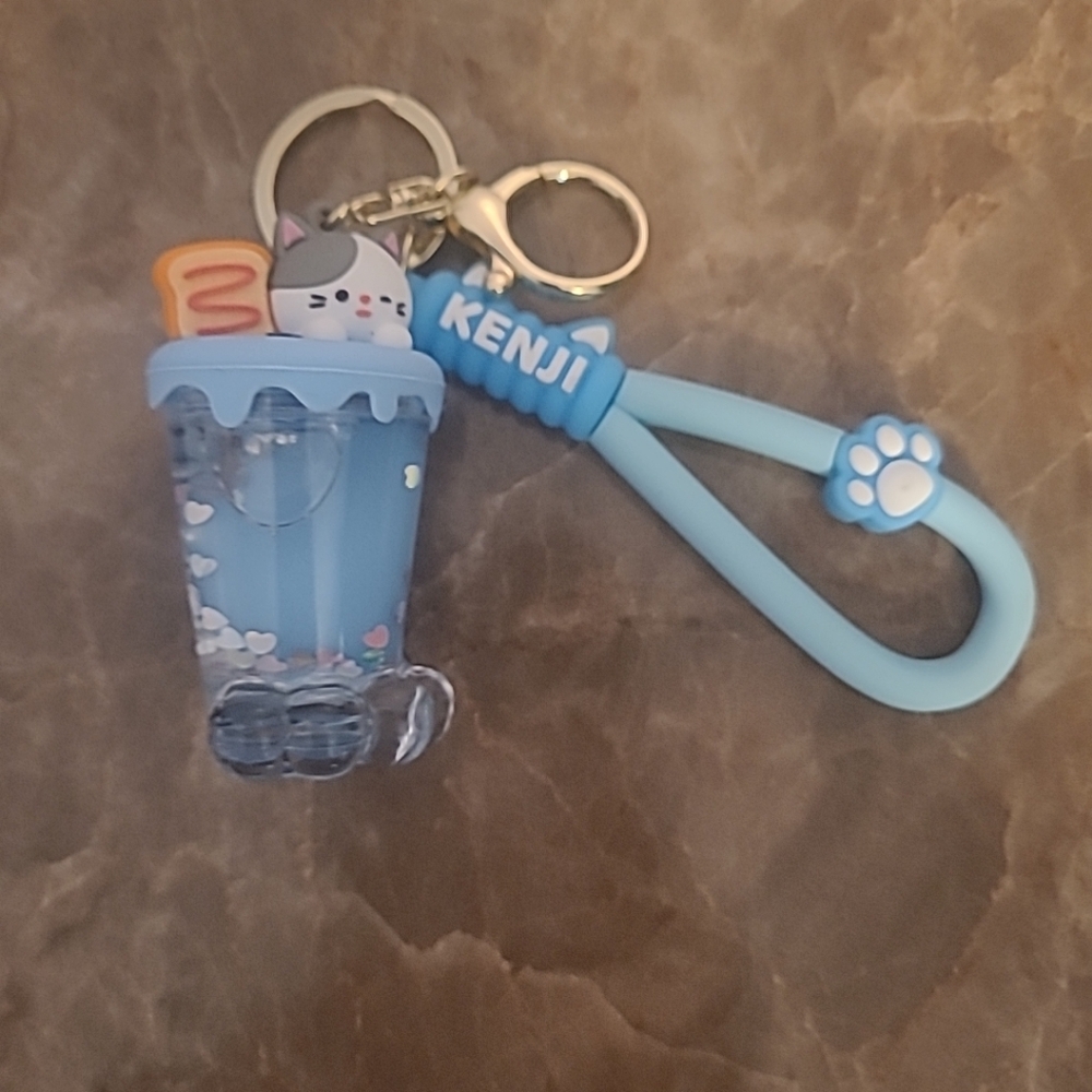 Cat Keychain with Blue Cup and Paw Charm